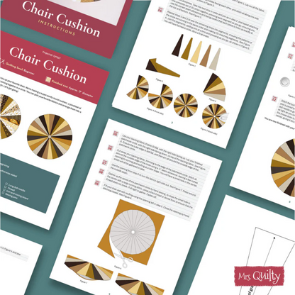 The Chair Cushion Downloadable PDF Quilt Pattern includes step-by-step printed instructions and diagrams, featuring gold, brown, and cream pattern illustrations with a charming Pinwheel design for stylish seating.