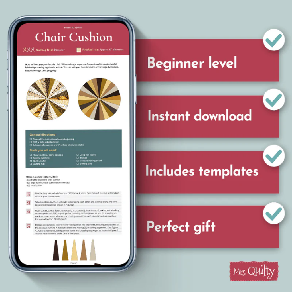 A Chair Cushion Downloadable PDF Quilt Pattern with a Pinwheel Design is displayed on a smartphone. Beginner level, instant download with templates—perfect as a gift. Mrs. Quilty logo shown. Includes downloadable PDF.
