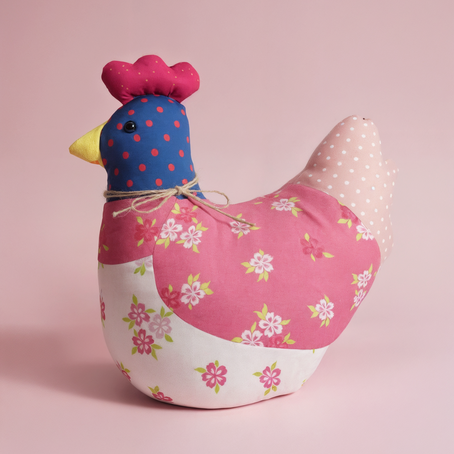 Stuffed toy chicken with floral pattern on a pink background