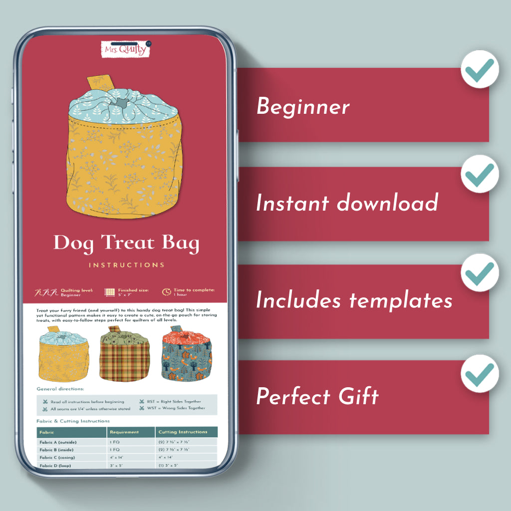 A phone displays the Dog Treat Bag Downloadable PDF Quilt Pattern; highlights include beginner sewing project, instant download, includes templates, and perfect pet lover gift—all shown with check marks.