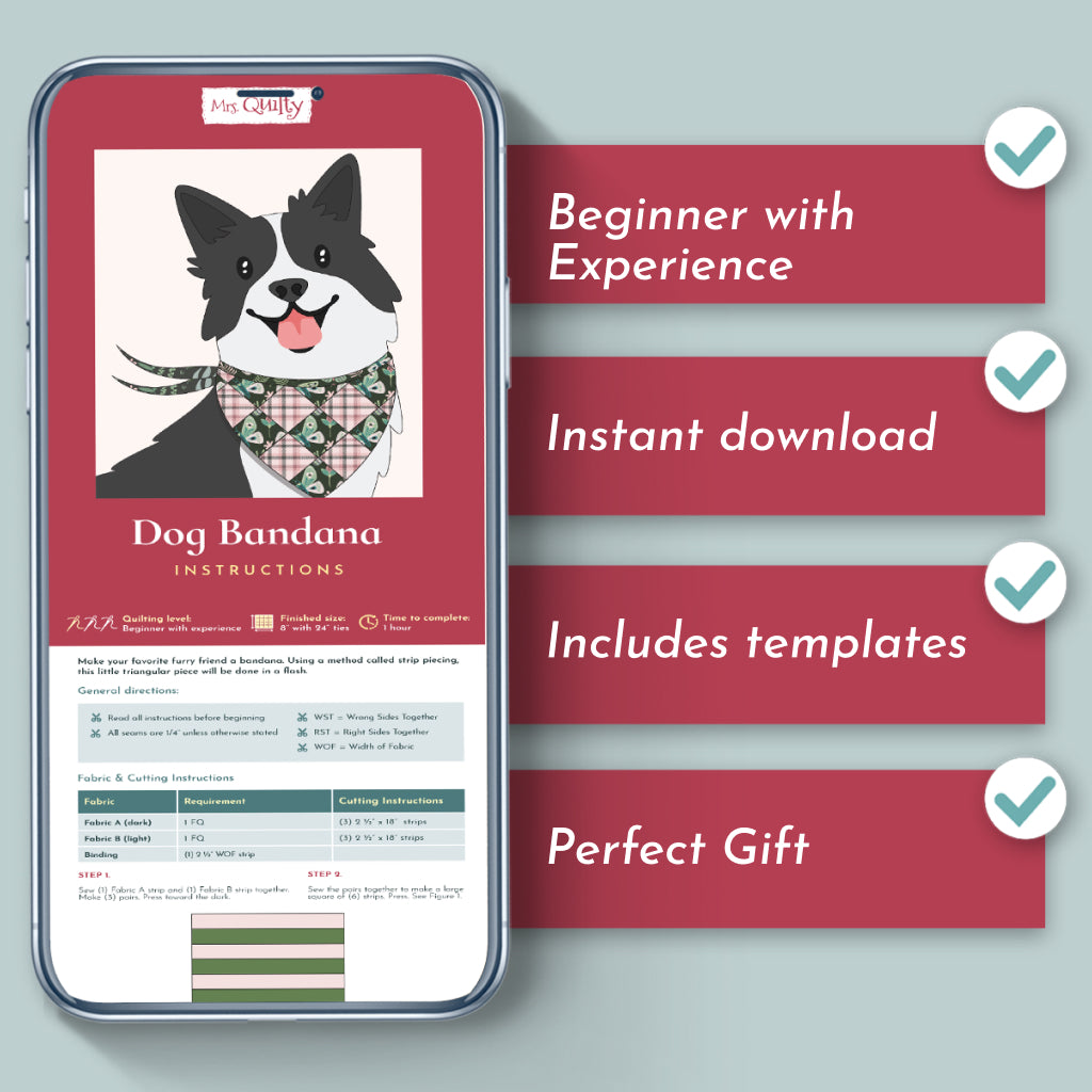 The Dog Bandana Downloadable PDF Quilt Pattern shows sewing instructions with checklists for beginners, instant download, includes templates, great gift idea—all displayed on a blue background.