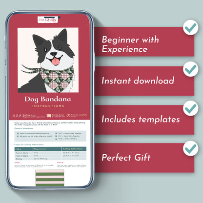 The Dog Bandana Downloadable PDF Quilt Pattern shows sewing instructions with checklists for beginners, instant download, includes templates, great gift idea—all displayed on a blue background.