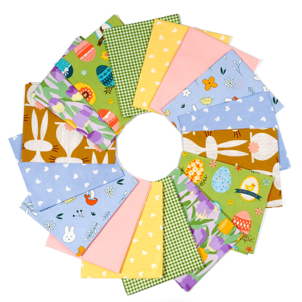 A circular arrangement of vibrant Easter-themed fabric squares, showcasing rabbits, eggs, and flowers on a white backdrop, is featured in the Easter Bundle.