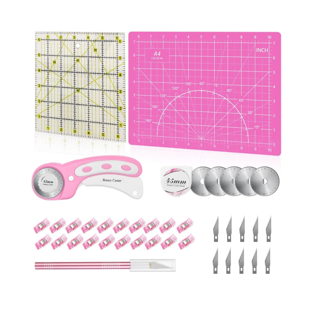 Complete 39-piece quilting kit with rotary cutter, ruler, and cutting mat