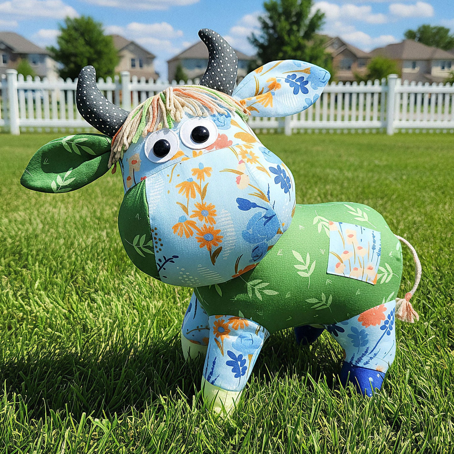 Plush toy cow on grass with a blue sky and houses in the background
