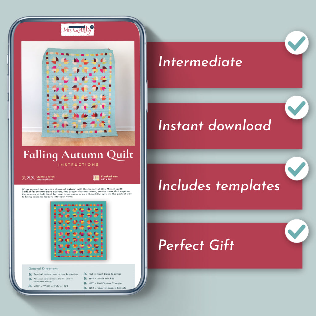A phone displays the "Falling Autumn Downloadable PDF Quilt Pattern" featuring an intermediate skill level, instant download, included templates, and making it a perfect gift.