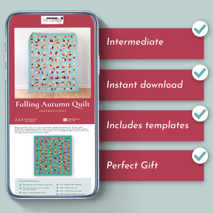A phone displays the "Falling Autumn Downloadable PDF Quilt Pattern" featuring an intermediate skill level, instant download, included templates, and making it a perfect gift.