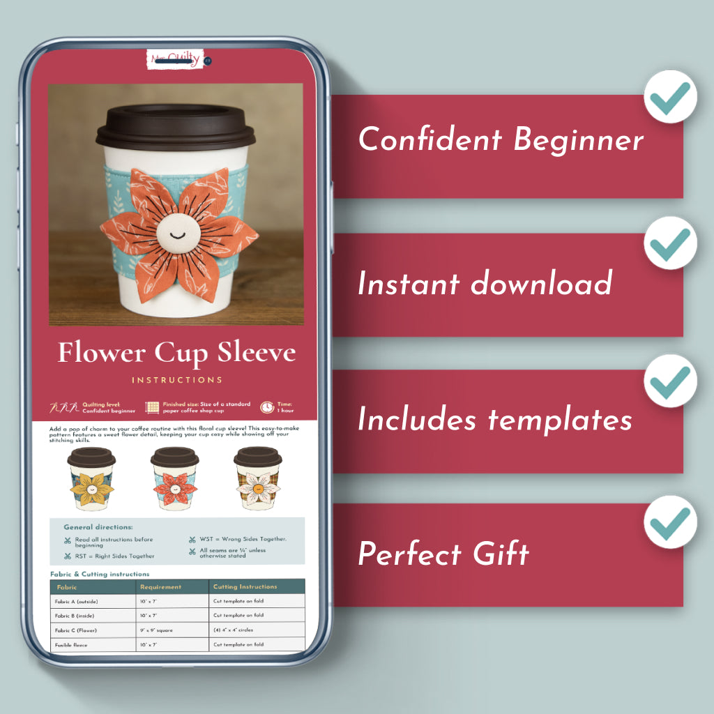The Flower Cup Sleeve Downloadable PDF Quilt Pattern displays step-by-step instructions and templates on your smartphone—ideal for confident beginners, available as an instant download, and a perfect gift for coffee lovers.