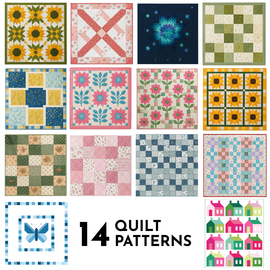 Bundle of 14 Quilt Patterns features colorful geometric and nature-inspired designs—sunflowers, stars, butterflies, and houses—arranged in a grid above "14 QUILT PATTERNS." Ideal for those looking for beginner quilting patterns.