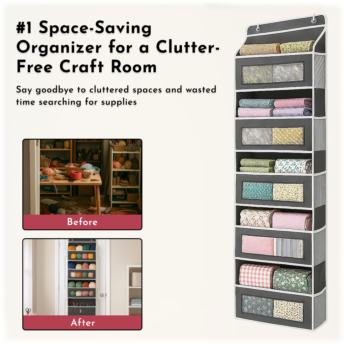 The Hanging Quilting Organizer, with multiple shelves, neatly stores craft supplies—before and after photos reveal the transformation from a cluttered shelf to an organized space.