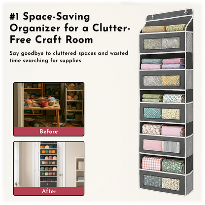 The Hanging Quilting Organizer, with multiple shelves, neatly stores craft supplies—before and after photos reveal the transformation from a cluttered shelf to an organized space.