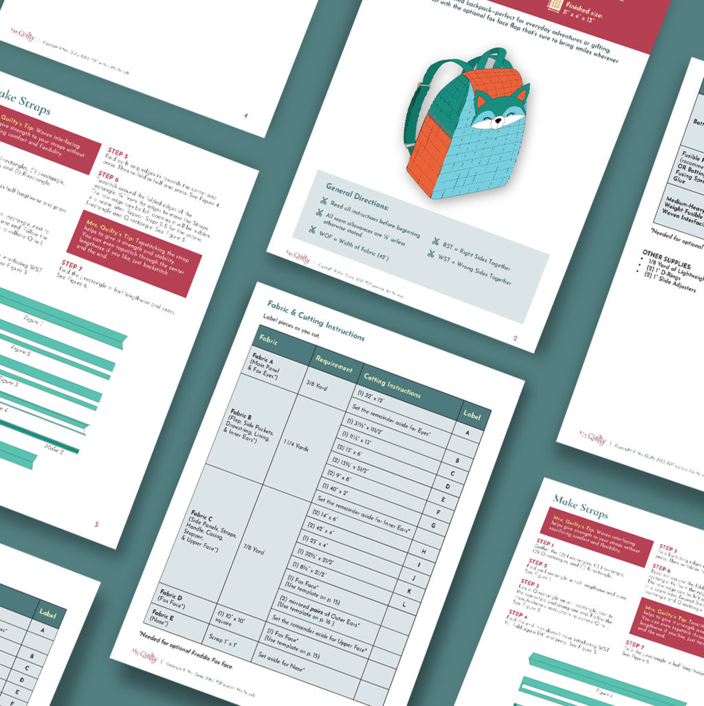Several pages from the Freddie Fox Backpack Downloadable PDF Quilt Pattern are shown, featuring instructions, fabric charts, and a cute fox-themed illustration—ideal for your next quilting project.