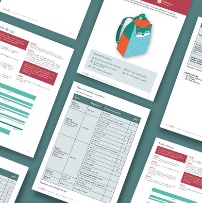 Several pages from the Freddie Fox Backpack Downloadable PDF Quilt Pattern are shown, featuring instructions, fabric charts, and a cute fox-themed illustration—ideal for your next quilting project.