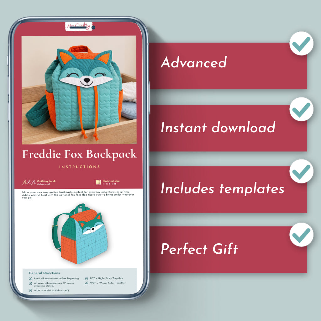 A phone shows "Freddie Fox Backpack Downloadable PDF Quilt Pattern" with a fox-shaped handmade backpack. Text highlights advanced level, instant download, quilting templates included, and that it makes a perfect gift.