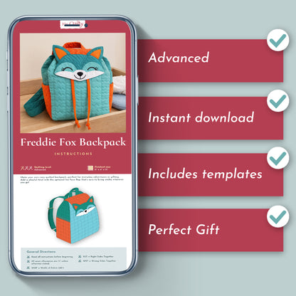 A phone shows "Freddie Fox Backpack Downloadable PDF Quilt Pattern" with a fox-shaped handmade backpack. Text highlights advanced level, instant download, quilting templates included, and that it makes a perfect gift.