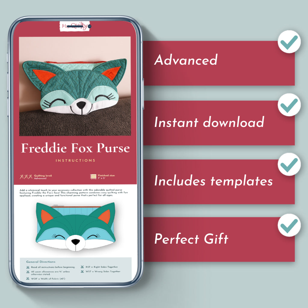 Image of Freddie Fox Purse Downloadable PDF Quilt Pattern instructions on a phone, with checkmarks for advanced quilting design, instant PDF download, included templates, and perfect gift—making it a charming accessory for craft lovers.