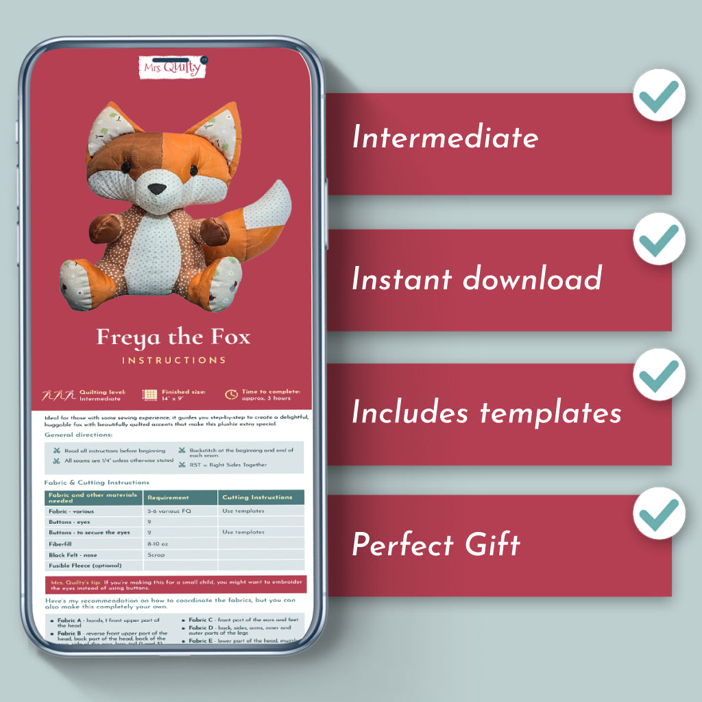 The Freya the Fox Downloadable PDF Quilt Pattern includes templates and sewing instructions with Intermediate skill check marks, instant download, and makes a perfect gift or woodland nursery decor.