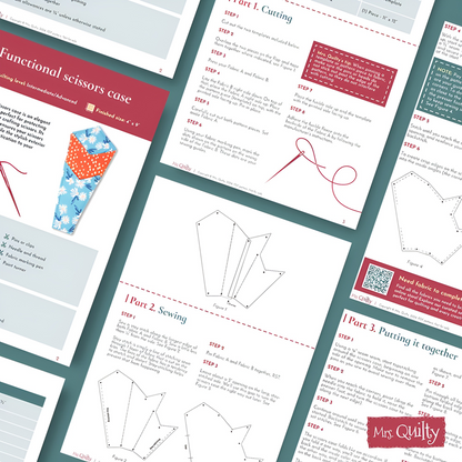 Several instructional sheets display step-by-step text, diagrams, and patterns from the "Functional Scissors Case Downloadable PDF Quilt Pattern," a must-have quilting accessory. The "Mrs. Quilty" logo appears at the bottom right.