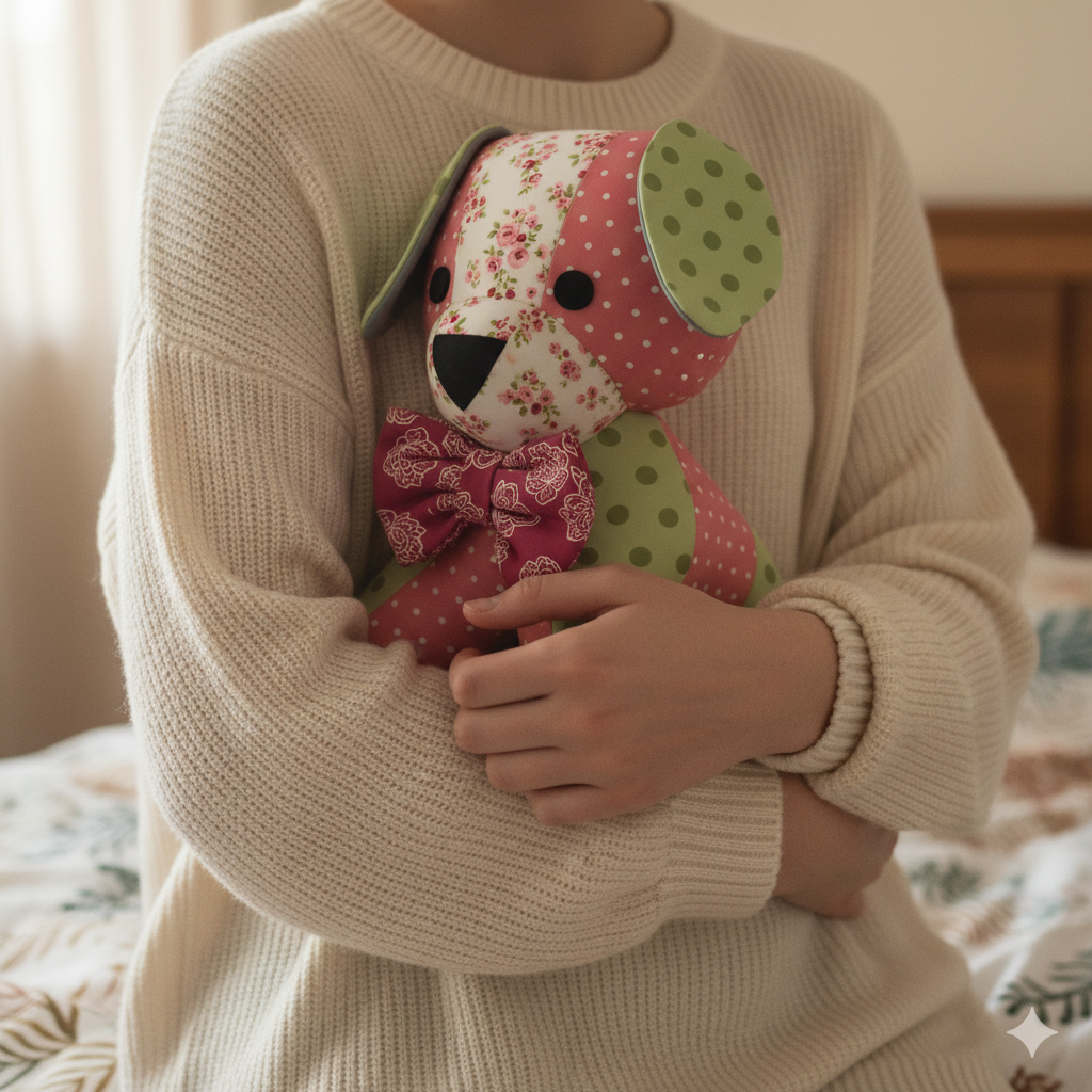 A person in a cream sweater holds a patchwork stuffed dog made from floral and polka dot fabrics, the perfect companion for the Paisley the Puppy Downloadable PDF Quilt Pattern, standing indoors by a bed.