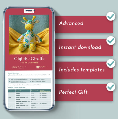 A phone screen shows the Gigi the Giraffe Downloadable PDF Quilt Pattern with instructions, alongside four checkmarks: advanced quilting pattern, instant download, includes templates, and perfect gift.