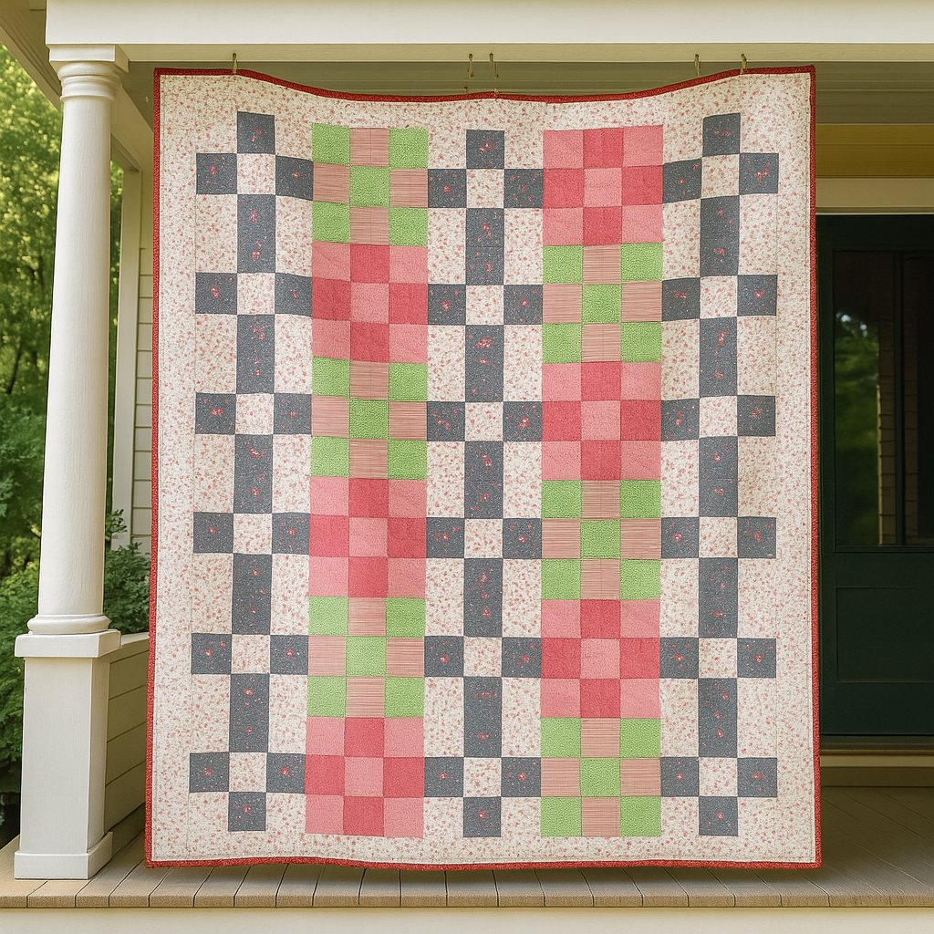 The Bundle of 14 Quilt Patterns offers vibrant designs like a checkerboard quilt in pink, green, and gray with floral borders—ideal inspiration for beginners or anyone who loves floral quilts—pictured on a cozy porch.