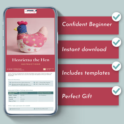 A smartphone shows the "Henrietta the Hen Downloadable PDF Quilt Pattern" with four checklists: confident beginner, instant download, includes templates, perfect gift—ideal for farm animal quilting fans.