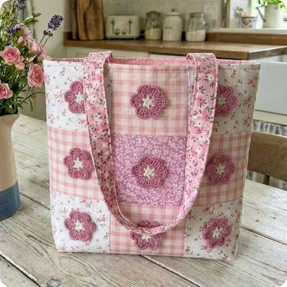 Patchwork Tote with Crochet Flower Accents Digital PDF Pattern