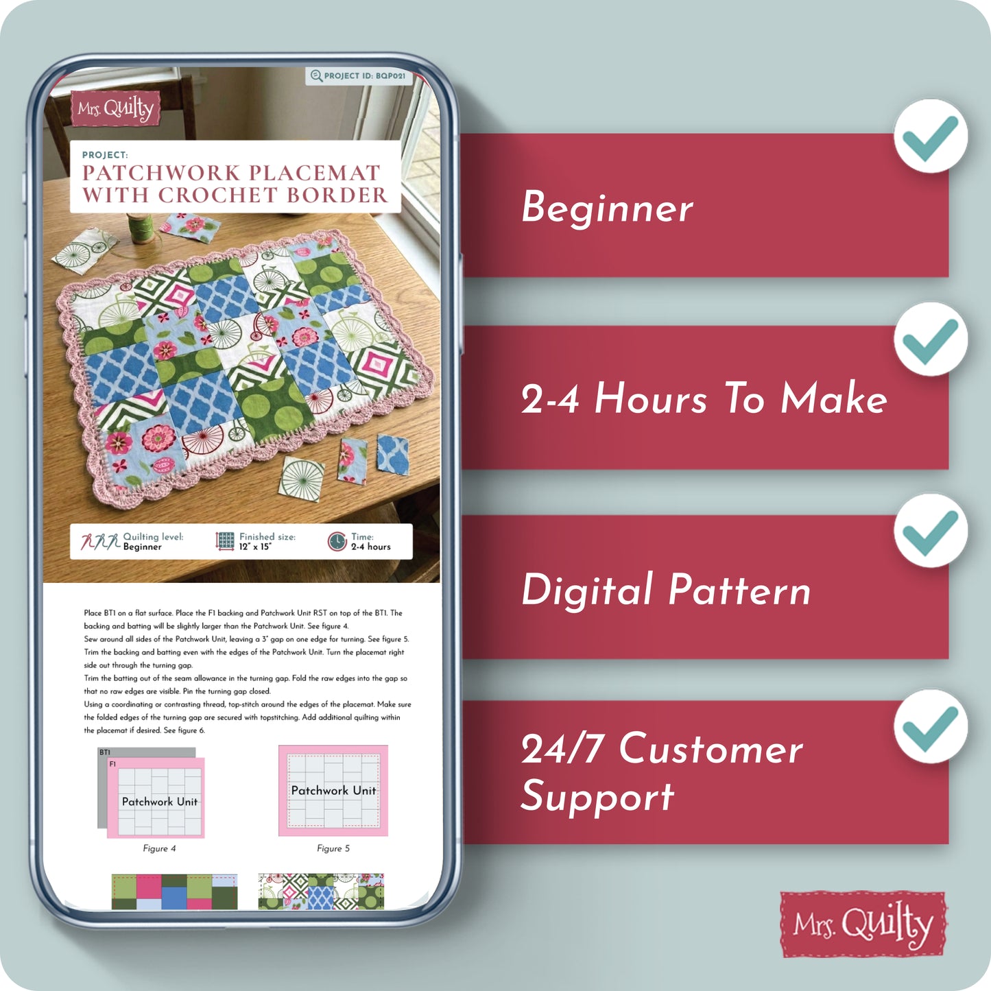 Patchwork Placemat with Crochet Border Digital PDF Pattern