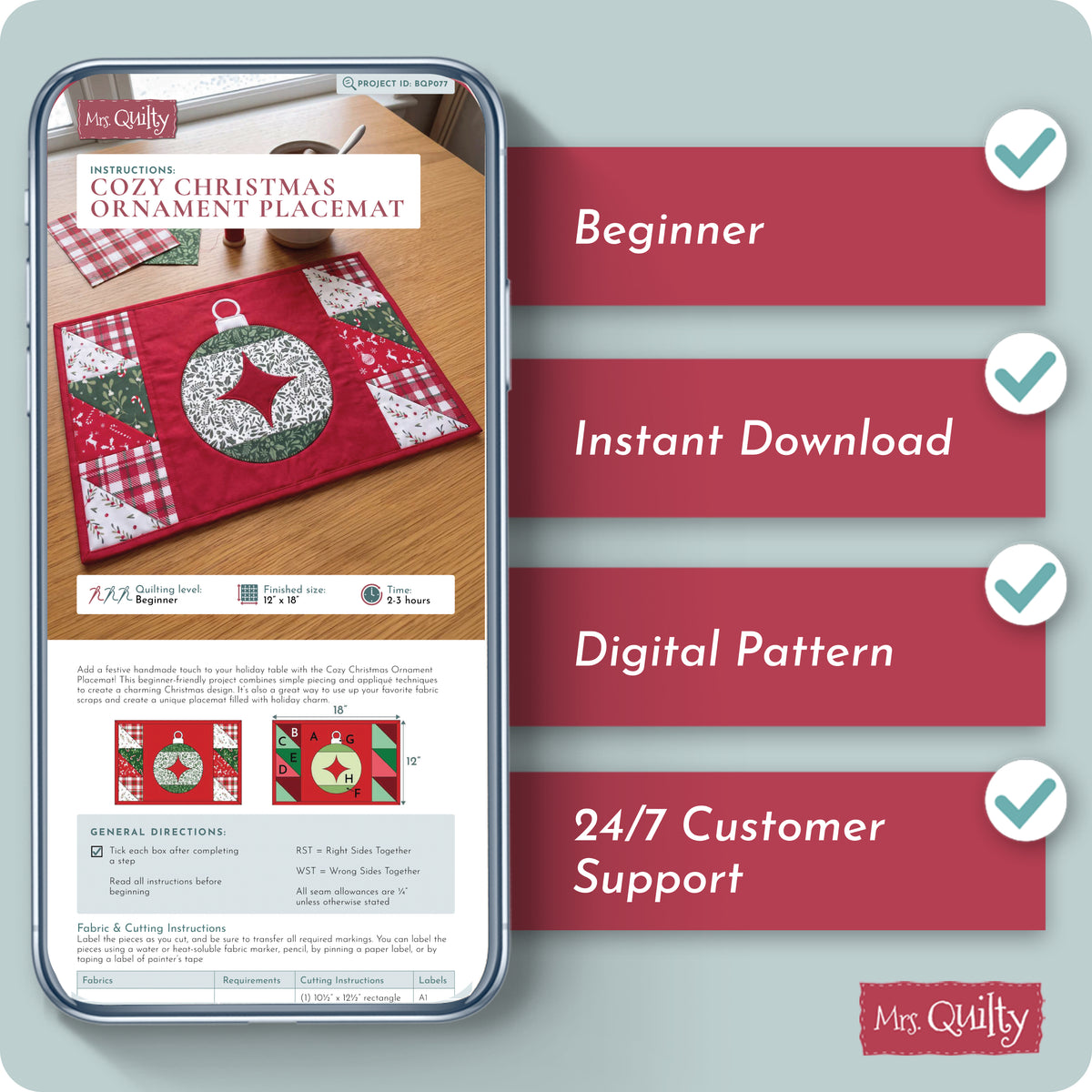 Cozy Christmas Ornament Placemat Digital PDF Pattern