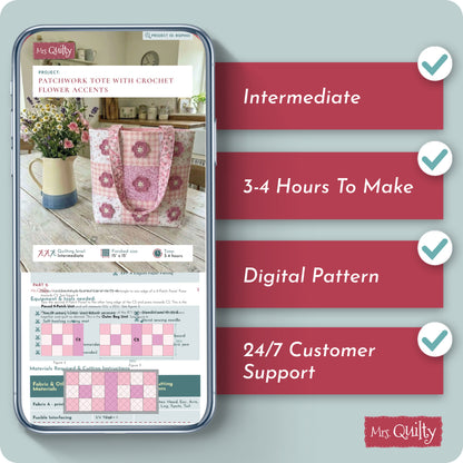 Patchwork Tote with Crochet Flower Accents Digital PDF Pattern