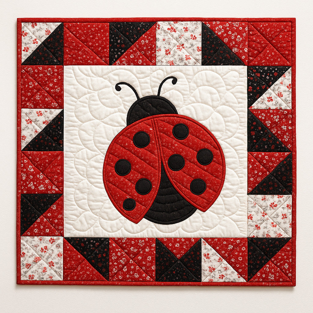 The Ladybug Downloadable PDF Quilt Pattern features a nature-inspired square quilt with a red and black ladybug center, bordered by red, black, and white triangles—ideal for intermediate quilters.