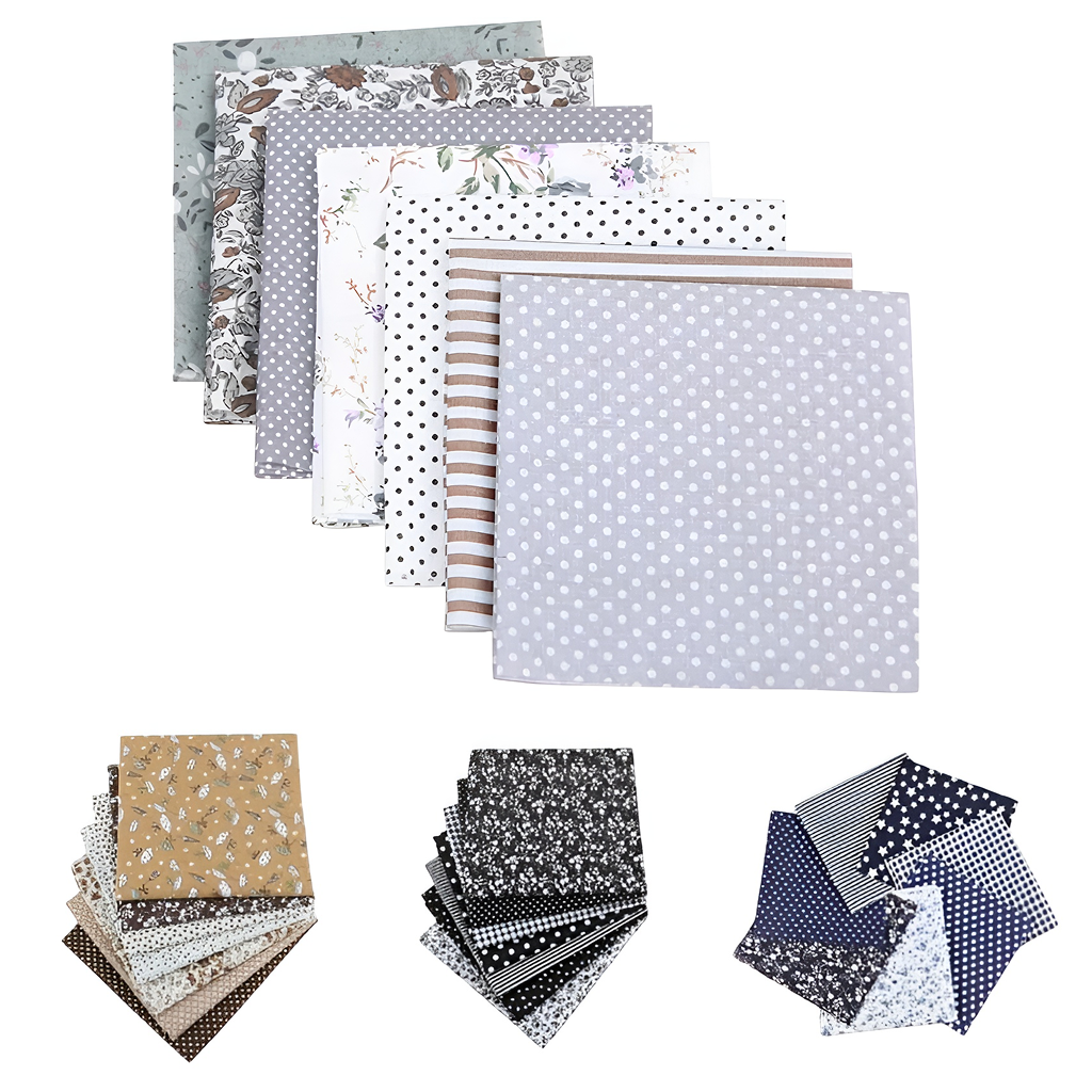 The Twilight Serenity Layer Cake Bundle includes pre-cut fabric squares in assorted colors with polka dots, stripes, and floral designs—perfect cotton quilting fabric for your next project.