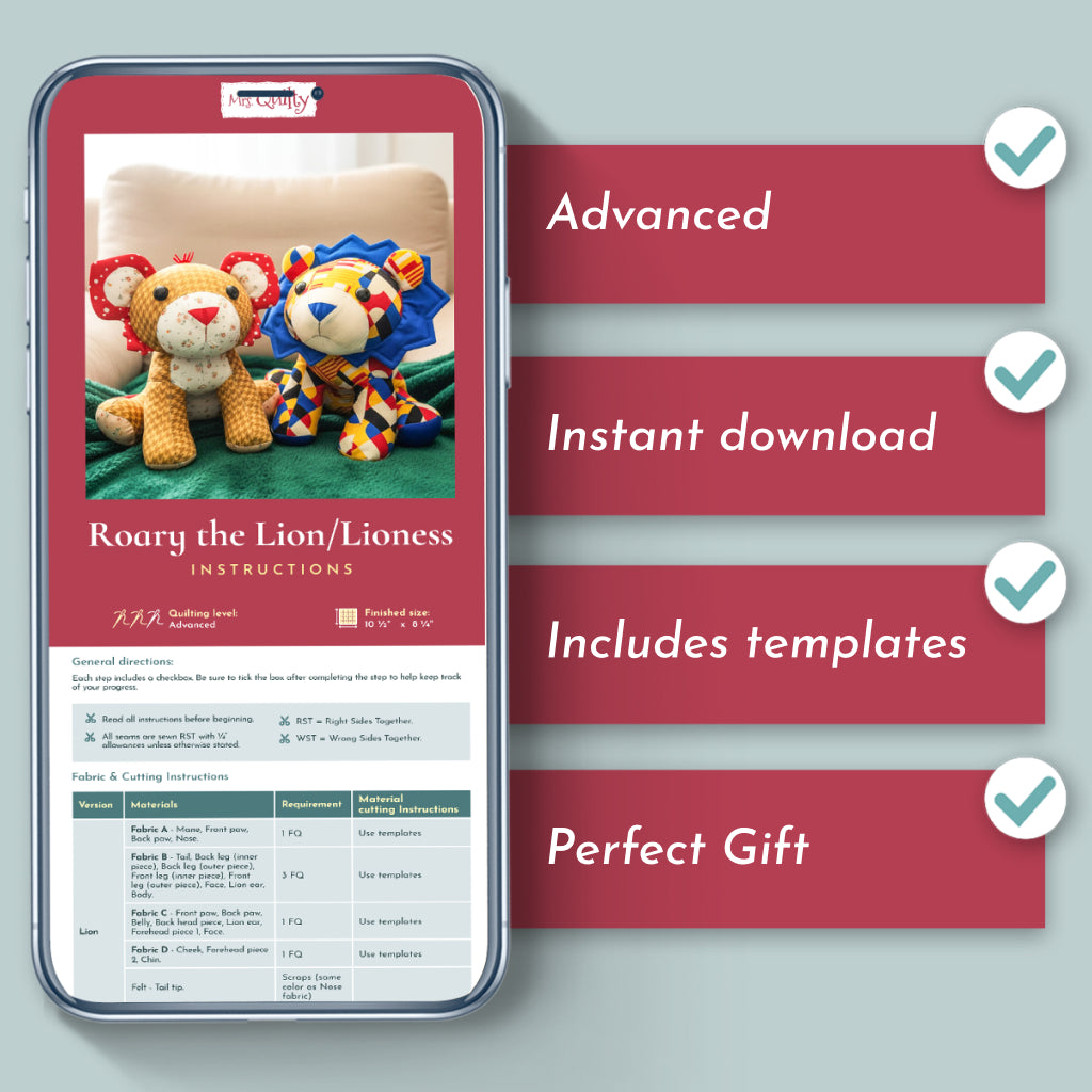A smartphone displays sewing instructions for the Roary the Lion/Lioness Downloadable PDF Quilt Pattern. A checklist beside it reads: Advanced, Instant download, Includes templates, Perfect gift—great for intricate quilting fans.