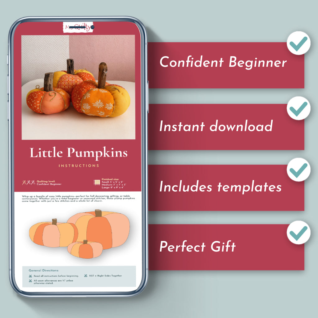 The Little Pumpkins Downloadable PDF Quilt Pattern is a digital quilting design—ideal for fall decor—with features like confident beginner level, instant download, included templates, and makes a perfect gift.