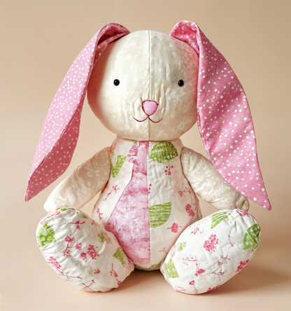 Lulu the Bunny Downloadable PDF Quilt Pattern features a whimsical bunny design with white and pink patchwork, including long pink ears with white polka dots. This delightful pattern is perfect for creating your own charming stuffed bunny quilt.