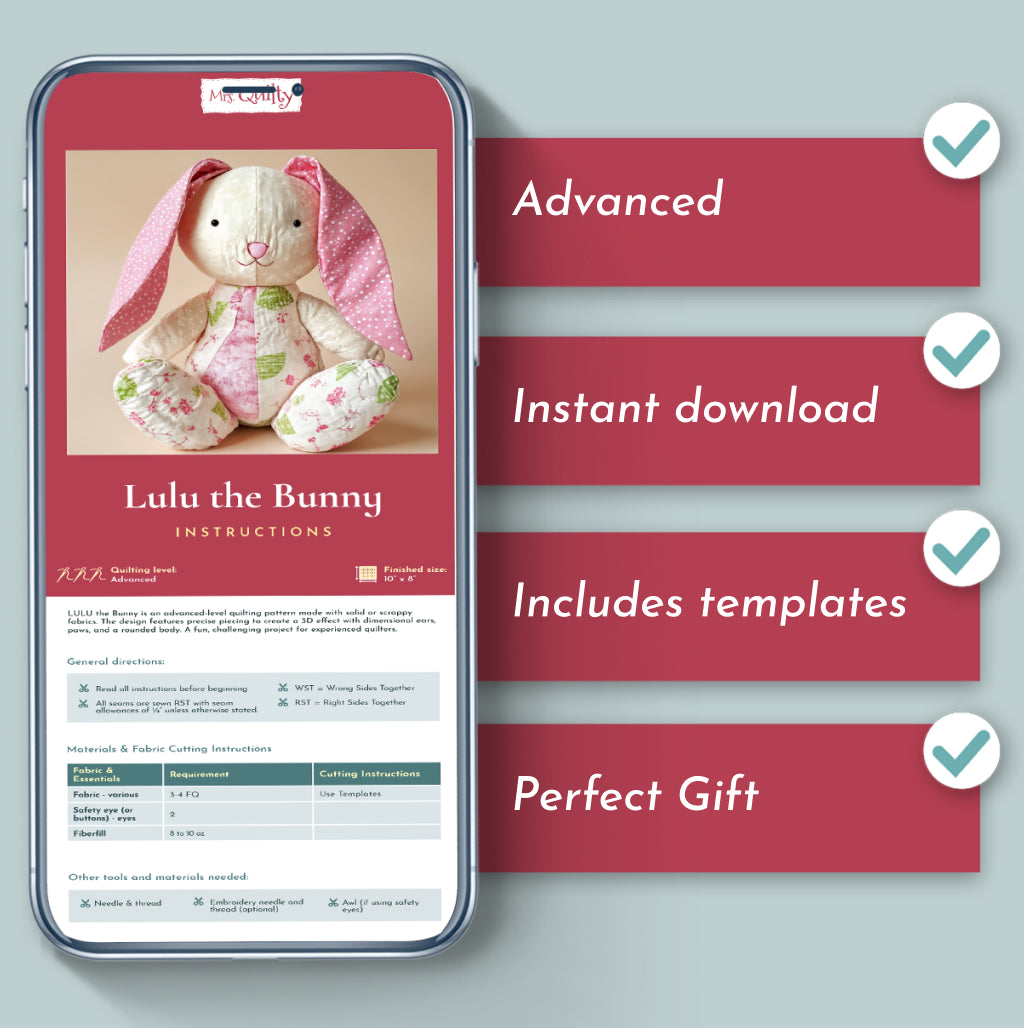 Lulu the Bunny Downloadable PDF Quilt Pattern with advanced quilting tips, instant download, templates included, and gift-ready features—displayed on a smartphone with a blue background. Perfect for whimsical bunny sewing fans.