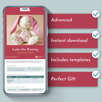 Lulu the Bunny Downloadable PDF Quilt Pattern with advanced quilting tips, instant download, templates included, and gift-ready features—displayed on a smartphone with a blue background. Perfect for whimsical bunny sewing fans.