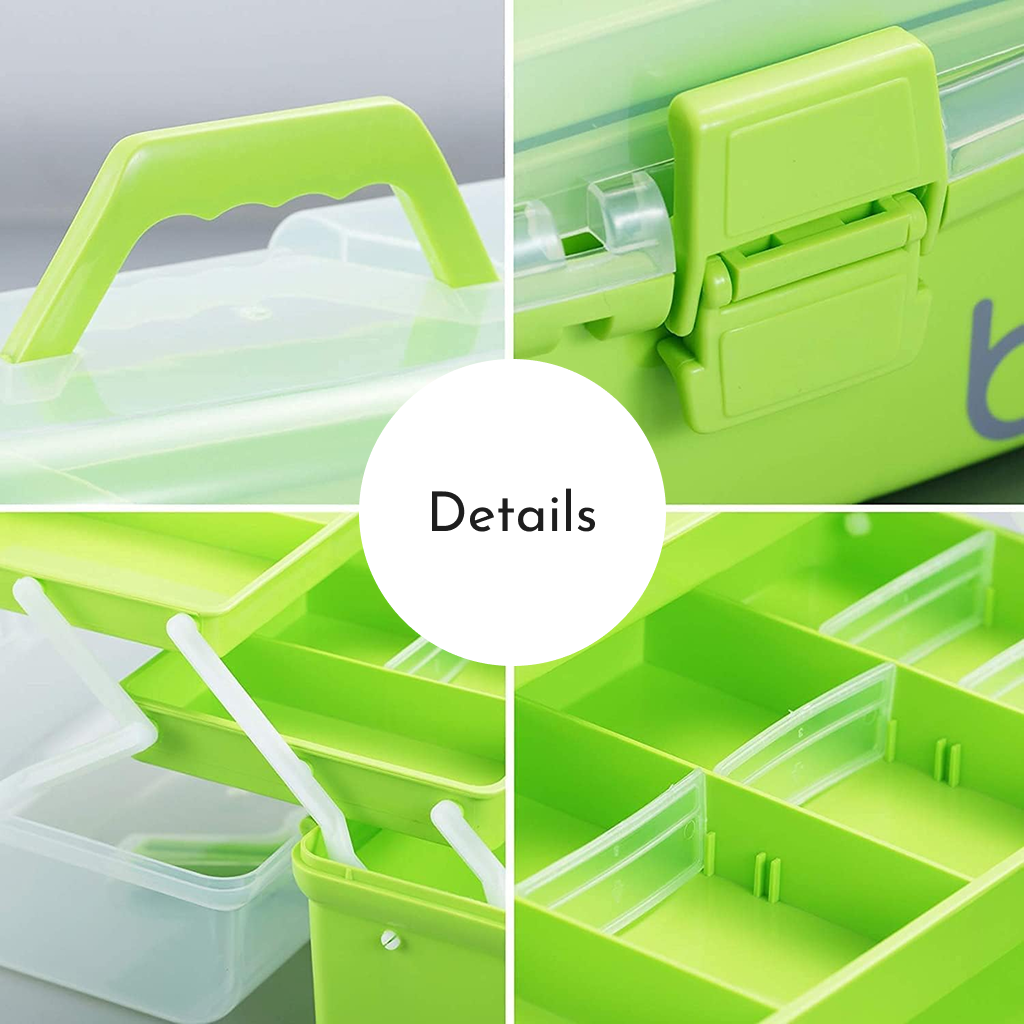 Collage featuring the Three-Layer Multipurpose Organizer Box, ideal for quilting tools. This green plastic storage box includes a handle, latch, compartments, and a transparent lid for organizing all your sewing essentials efficiently.
