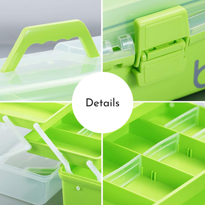 Collage featuring the Three-Layer Multipurpose Organizer Box, ideal for quilting tools. This green plastic storage box includes a handle, latch, compartments, and a transparent lid for organizing all your sewing essentials efficiently.