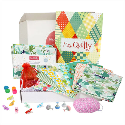 The "Easter Bundle" box contains colorful quilting fabric, a sleep mask, small clips, sewing tools, and plastic thimbles.