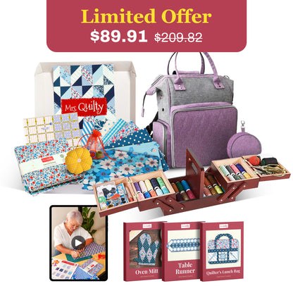 Special offer craft bundle at $89.91, down from $209.82, includes quilting fabrics, a handcrafted Wooden Sewing Box with Handle by Images54, a purple bag, instructional books, sewing accessories, and a video tutorial.