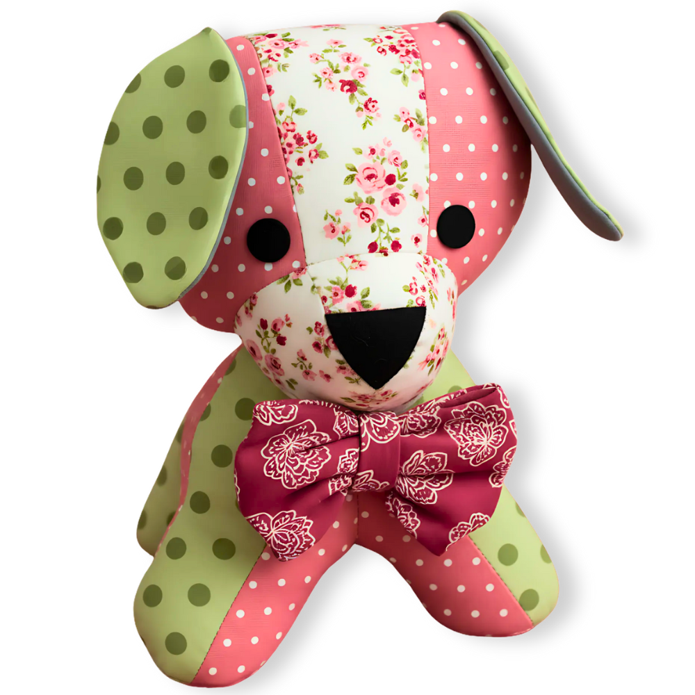 This plush dog toy, crafted with green and pink polka dot and floral fabrics plus a maroon bow tie, makes a charming companion for the Paisley the Puppy Downloadable PDF Quilt Pattern or any cute puppy sewing project.