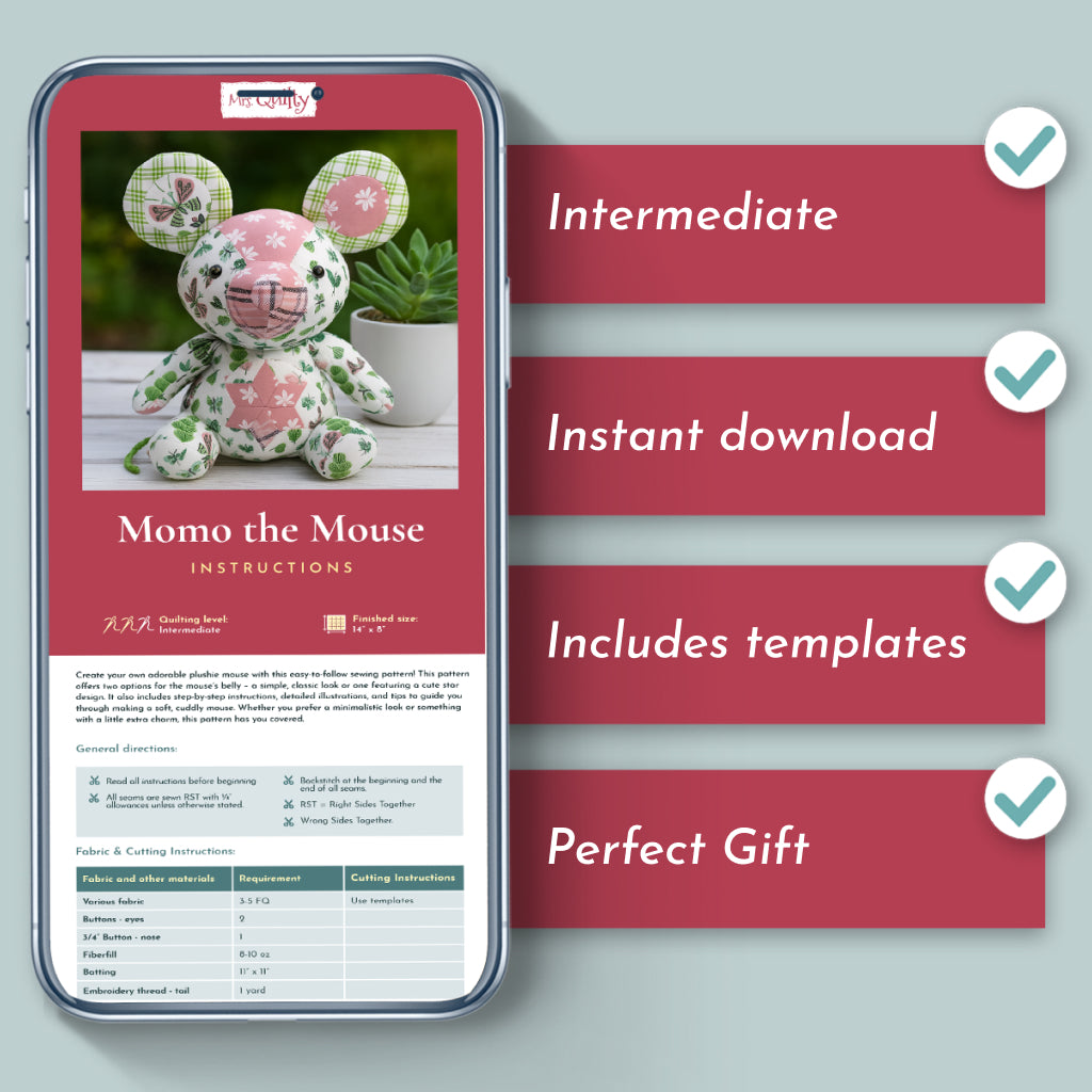 Smartphone displays "Momo the Mouse Downloadable PDF Quilt Pattern" with checklist: Intermediate, Instant download, Includes templates, and Perfect gift for quilters—all on a blue background.