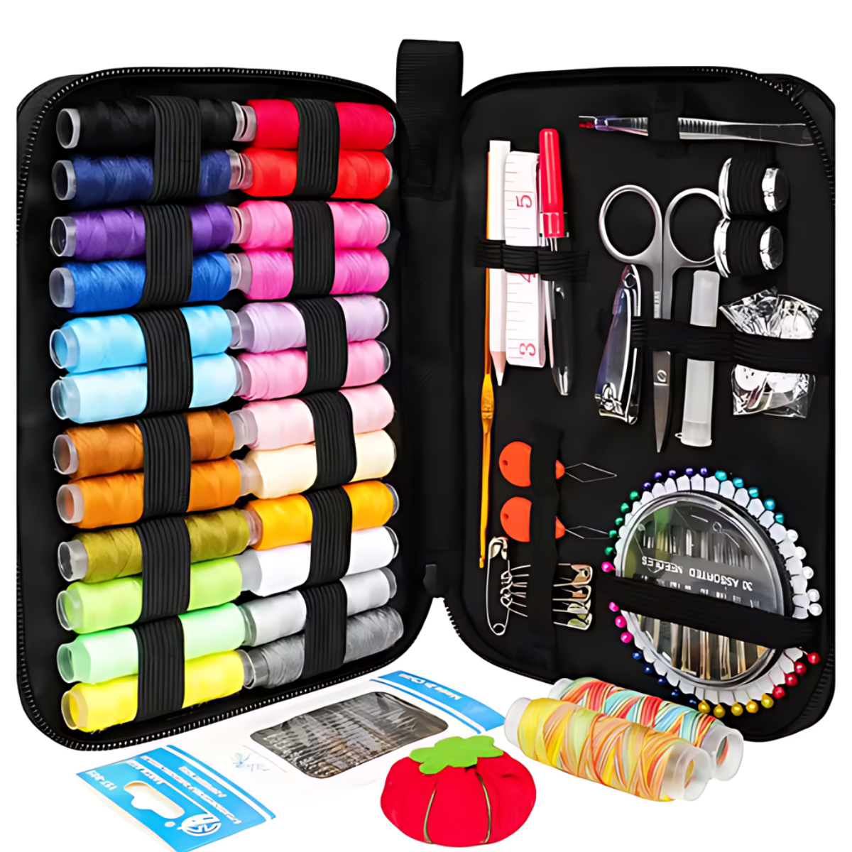 The Multi-Function Sewing Kit includes colored threads, scissors, needles, measuring tape, pins, buttons, seam rippers, and a tomato-shaped pincushion in a portable organizer.