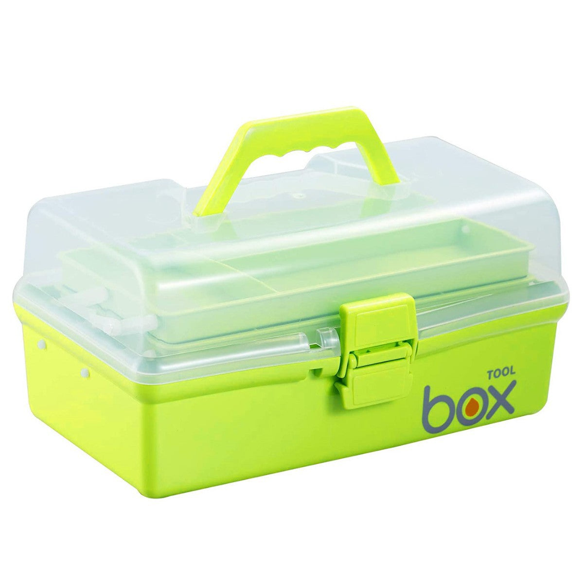 A lime green plastic Three-Layer Multipurpose Organizer Box with a translucent lid, yellow handle, and latch—labeled "tool box"—is perfect as a sewing storage solution.