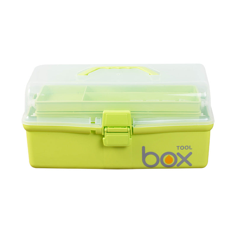 The Three-Layer Multipurpose Organizer Box features a light green design, transparent lid, yellow handle, front clasp, inner compartments, and "box" printed on the front—perfect sewing storage for quilting tools.