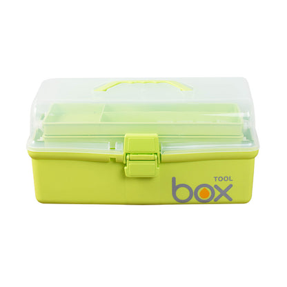 The Three-Layer Multipurpose Organizer Box features a light green design, transparent lid, yellow handle, front clasp, inner compartments, and "box" printed on the front—perfect sewing storage for quilting tools.