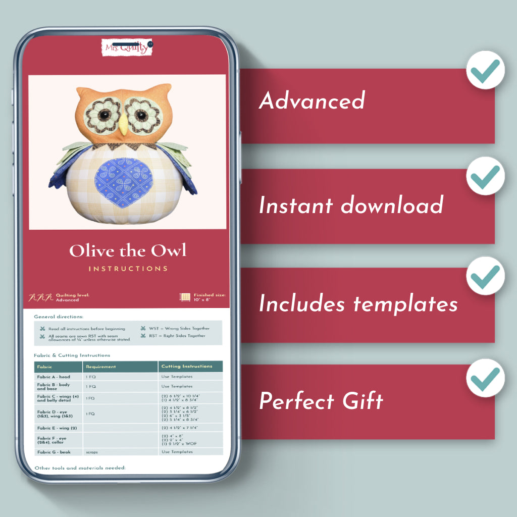 A smartphone displays the Olive the Owl Downloadable PDF Quilt Pattern with instructions, an advanced level checklist, instant download, included templates, and notes it's a perfect gift.