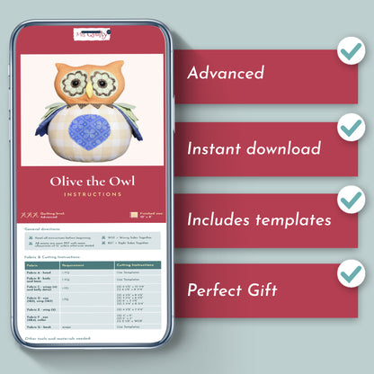 A smartphone displays the Olive the Owl Downloadable PDF Quilt Pattern with instructions, an advanced level checklist, instant download, included templates, and notes it's a perfect gift.