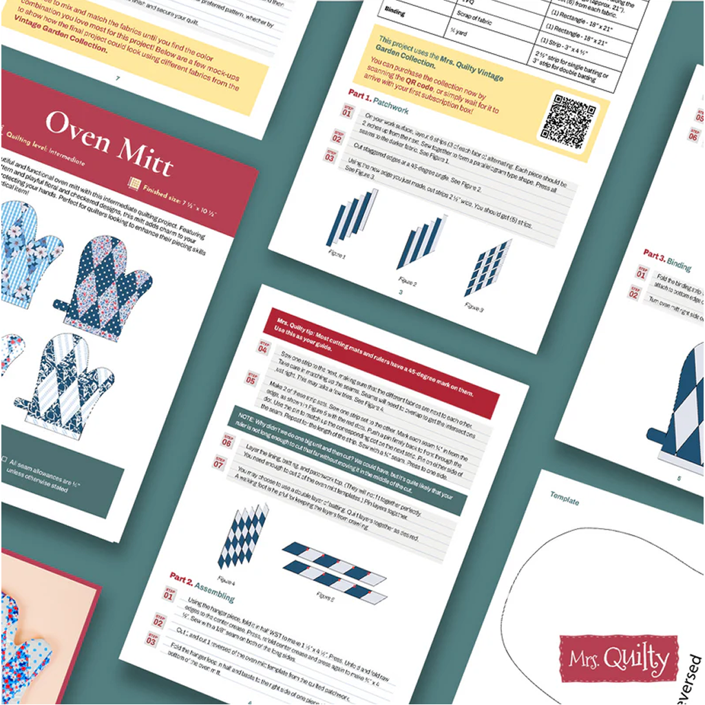 The Oven Mitt Downloadable PDF Quilt Pattern includes pages of instructions, diagrams, templates, and the "Mrs. Quilty" logo—ideal for your next intermediate quilting project.